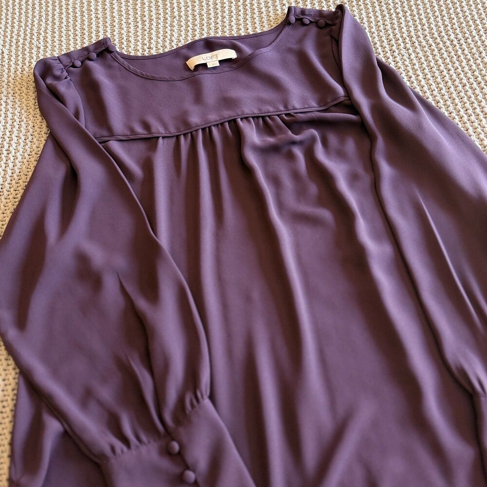 LOFT Purple Covered Button High Neck Blouse Long Sleeve Pleated Top Medium
